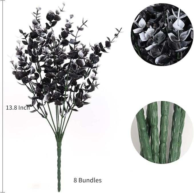 RECUTMS Black Artificial Flowers, Fake Outdoor UV Resistant Plants Faux Plastic Greenery Shrubs Indoor Outside Hanging Planter Halloween Flower Decor (Black +White Eucalyptus)