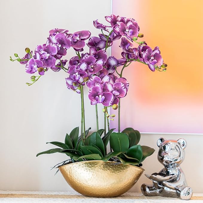 DUYONE 35 Inch Artificial Butterfly Orchid Flowers 4 Pcs with 4 Bundles Leaves Artificial Orchid Flowers Stem Plants for Home Décor (Deep Purple)