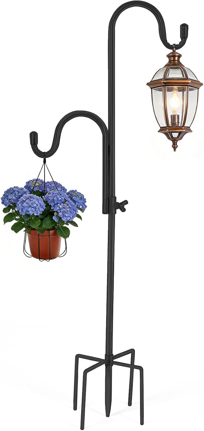 FrutPunch Double Hook Design Shepherds Hooks for Outdoor, 1Pack 35Inch Bird Feeder Pole with 5-Claw Base, Adjustable Shepherds Hook for Bird Feeder for Hummingbird, Plant Supporter, Wedding Decor