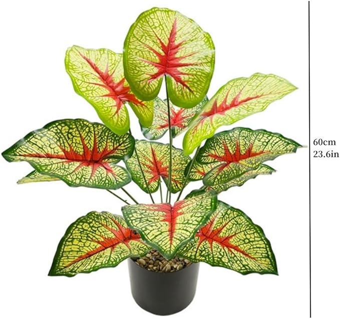 Artificial Caladium Plant with Red and Green Leaves, Red Leaf Artificial Plants Decoration Simulated Bonsai Potted Decor Home Room Party Wedding Office Floor (Yellow(No Flowerpot), 60cm)