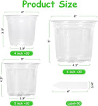 60 Pack 4/5/6 Inch Clear Nursery Pots with Drainage Holes, Transparent Plastic Plant Pots, Reinforced Seed Starter Flower Pots, Comes with 50pcs Plant Labels
