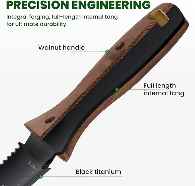 PERWIN Hori Hori Garden Knife, Garden Tools with Sheath, 6" Stainless Steel Blade with Cutting Edge, Full-Tang Walnut Ergonomic Wood Handle with Hanging Hole, Weeding, Planting, Digging