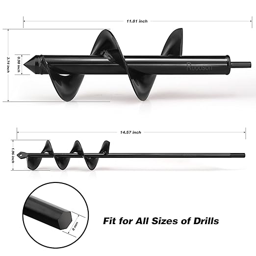 2Pcs Auger Drill Bit Planter, (3.7x11.8 and 1.9x14.5 in) Ruooson Spiral Auger for Planting Flower Bulb Auger, Rapid Planter Digger for 3/8" Hex Drive