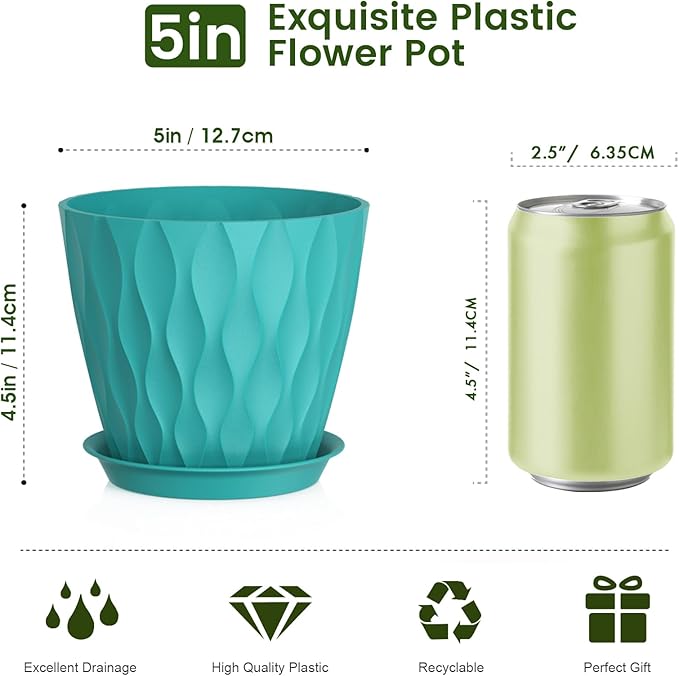 Meowell 5 inch Plant Pots for Indoor Outdoor Plants, 6 Pack Flower Pots with Drainage Holes and Saucers, 3D Modern Wave Texture Small Plastic Planter Pots for Nursery and House Plants, Blue Green