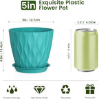 Meowell 5 inch Plant Pots for Indoor Outdoor Plants, 6 Pack Flower Pots with Drainage Holes and Saucers, 3D Modern Wave Texture Small Plastic Planter Pots for Nursery and House Plants, Blue Green
