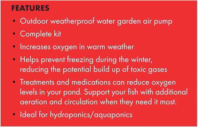 Aquagarden, Pond Air Pump Kit, Outdoor Weather Proof air Pump, Twin Outlet Pond Oxygenator, Inc 2 Air Stones & 2 Air Lines, 85 gal/hr Flow Rate, Economical to Run, for Standard Ponds