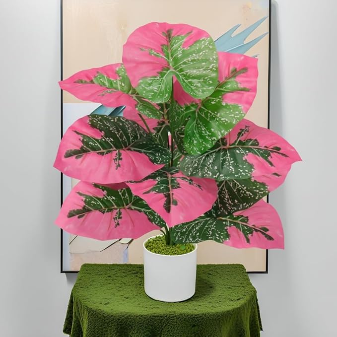 Artificial Caladium Plant with Red and Green Leaves, Red Leaf Artificial Plants Decoration Simulated Bonsai Potted Decor Home Room Party Wedding Office Floor(Rosered(No Flowerpot), 60cm)