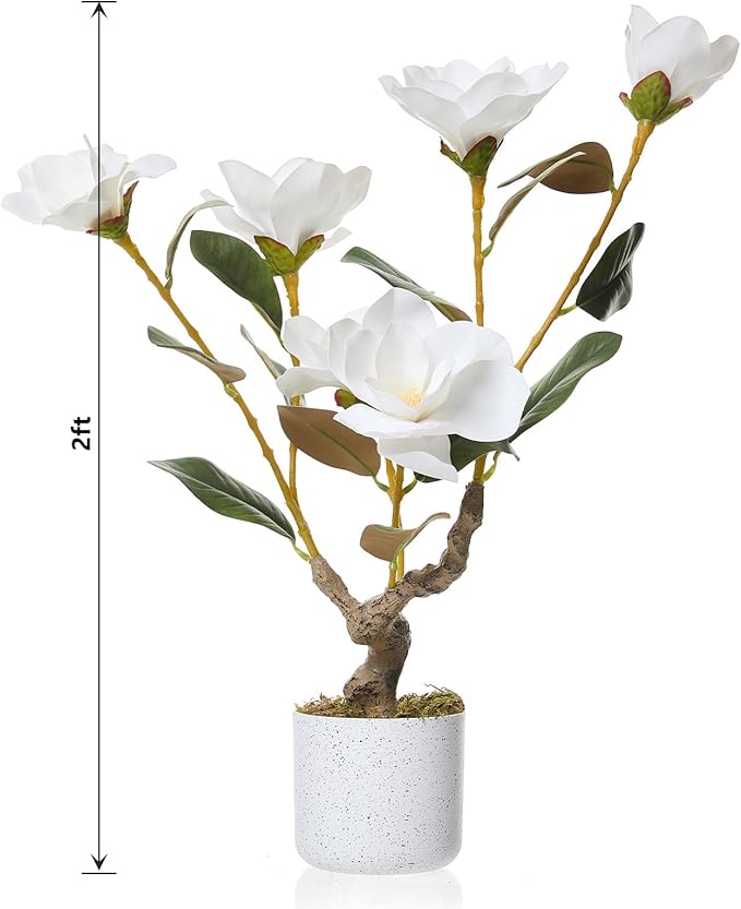Garvee Artificial Magnolia Tree for Home Living Room Decor, Artificial Realistic Flowers with White Blooming, Fake Plant in Pot