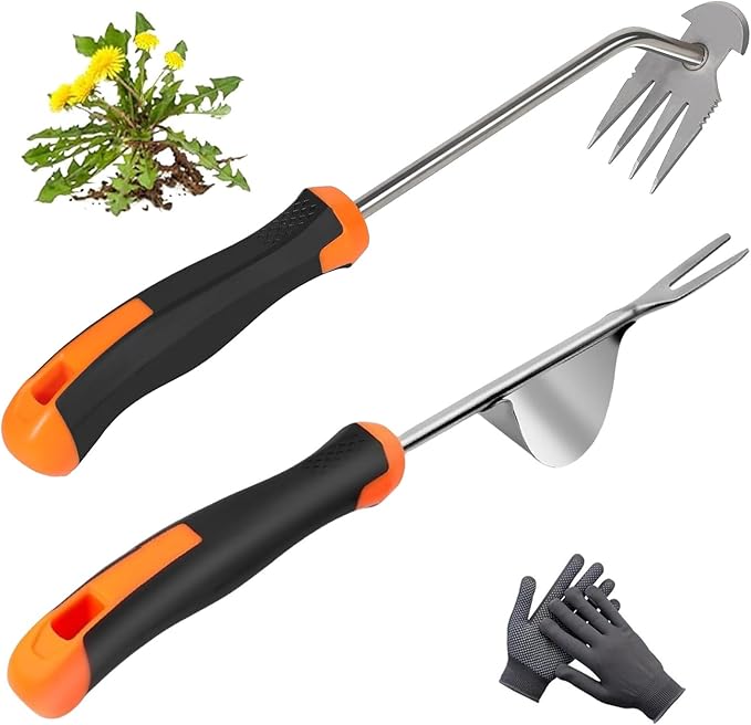 Weed Puller Tool， New Garden Weeder Tool Stainless Steel Hand Weeder Tool,4 Teethes Dual Purpose Weed Remover Tool Weeding Tools for Gardening(2PCS)