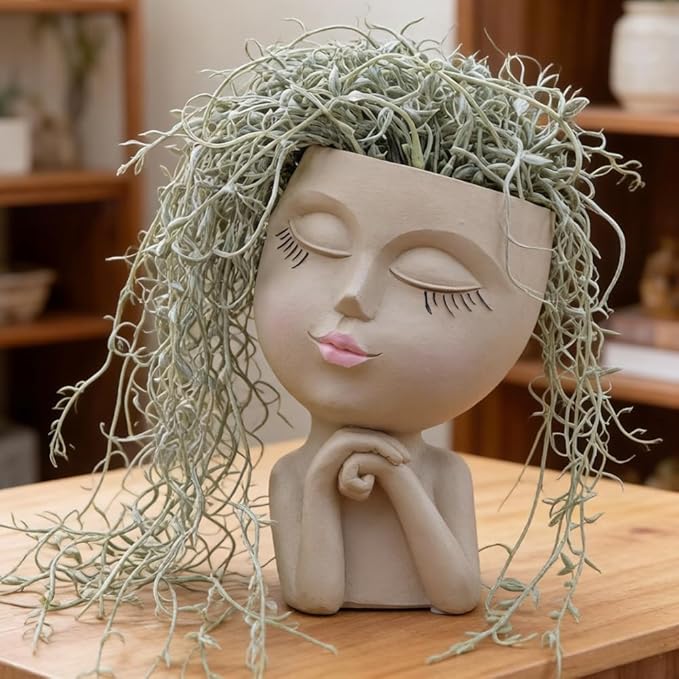 Face Planters Pots Head, Unique Air Plant Holder, Funny Succulent Flower Pot, Cute Indoor Plant Pot with Drainage for Small Herb Cactus, Decorative Vase, Garden Gift for Women, Desk Shelf Art Decor 7"