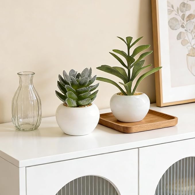 GREENTIME 6 Pcs Mini Artificial Succulents Plants in Ceramic Pots Small Fake Succulent Faux Plant Indoor Decor Bedroom Desk Bathroom Office Living Room Table Shelf Home Decoration Green White