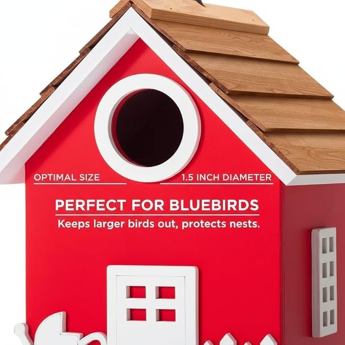 2026 Vinyl Water Proof Bird House for Outside, Shingle Roof Bluebird House Nesting Box, Squirrel Proof Hanging Birdhouse, 5 Years Weatherable for Outdoor Decoration,Bird Box for Pole (Red)