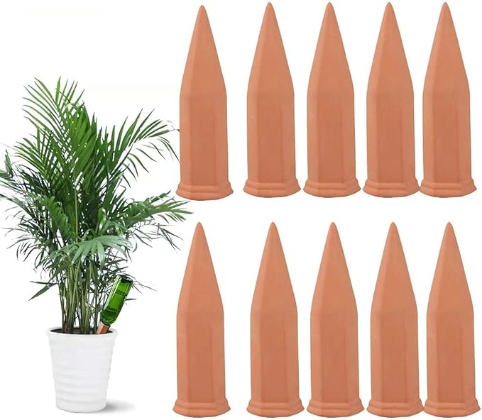 Tcamp 10 Pack Terracotta Watering Spikes, Plant Watering Devices Wine Bottle Automatic Plant Self Watering Spikes for Vacations, Self-Watering Stakes for Indoor Outdoor Plants