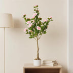 Garvee 4FT Artificial Camellia Tree, Faux Camellia Plant with White Planter and 24 Pink Flowers, 47" Fake Potted Flower Trees for Home and Office Decor, Pink