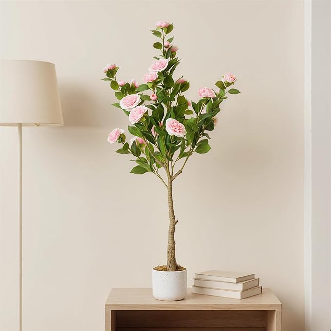 Garvee 4FT Artificial Camellia Tree, Faux Camellia Plant with White Planter and 24 Pink Flowers, 47" Fake Potted Flower Trees for Home and Office Decor, Pink
