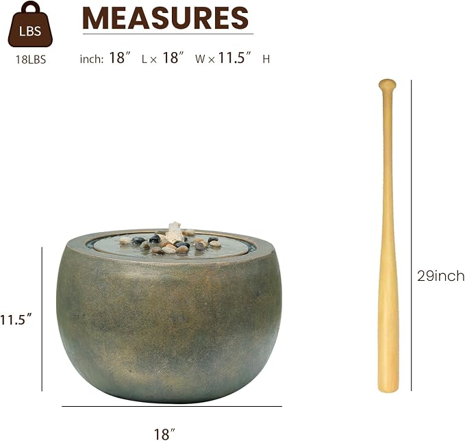 Tankana Garden Water Fountain Outdoor Bubbler Water Feature Indoor with Lights & Pump and Pebbles Waterfall Fountains Concrete Effect for Patio Deck Yard Home Decor Gold, 18 "L x 18" W x 11.5" H