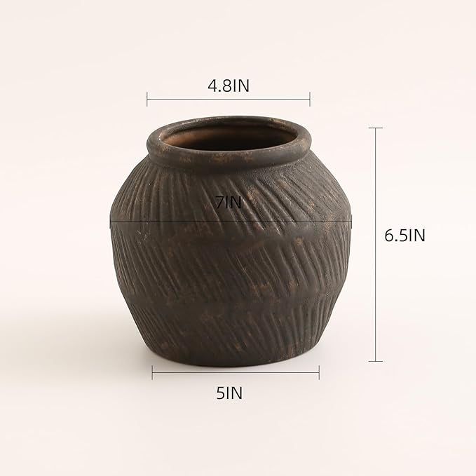 ZSHLXM Farmhouse Ceramic Vase - Black Rustic Vintage Flower Vase for Home, Living Room, Shelf and Dining Table Decor - 7IN