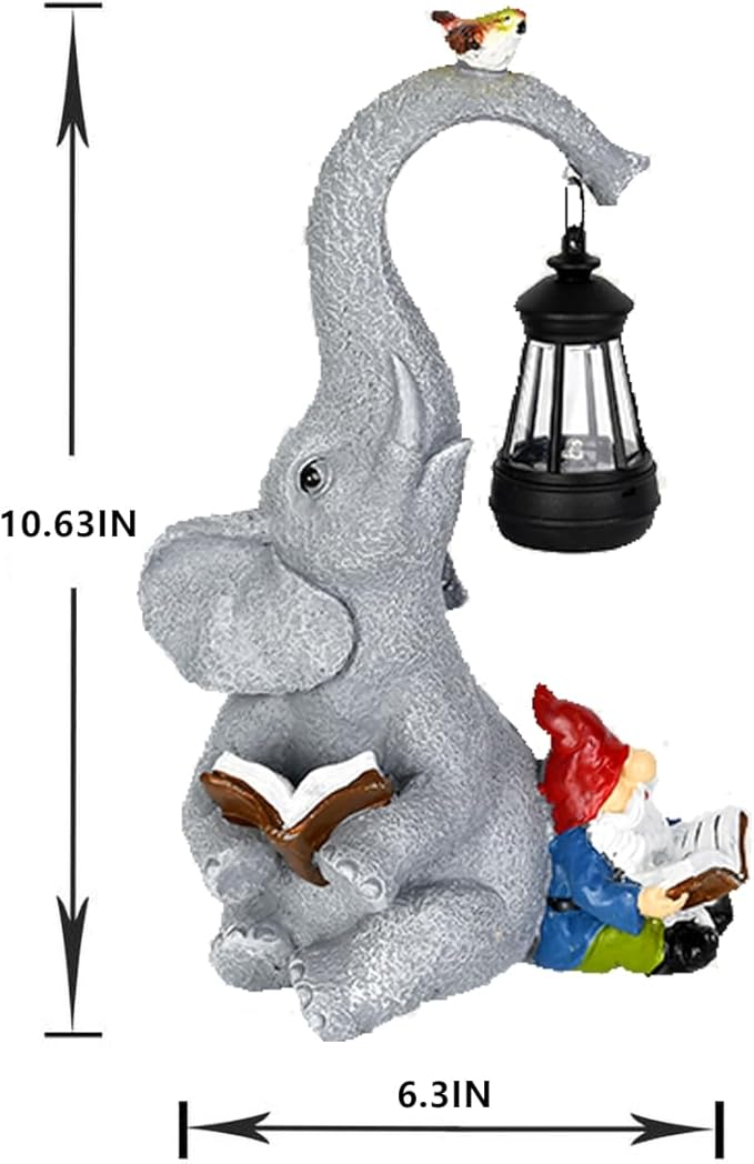 Solar Garden Statue Outdoor Decor Elephant Figurines with Cute Gnome Garden Sculpture, Elephant Statues Patio Ornament Decor for Lawn Balcony Yard, Gifts for Mum Grandmom on Birthday Mother's Day
