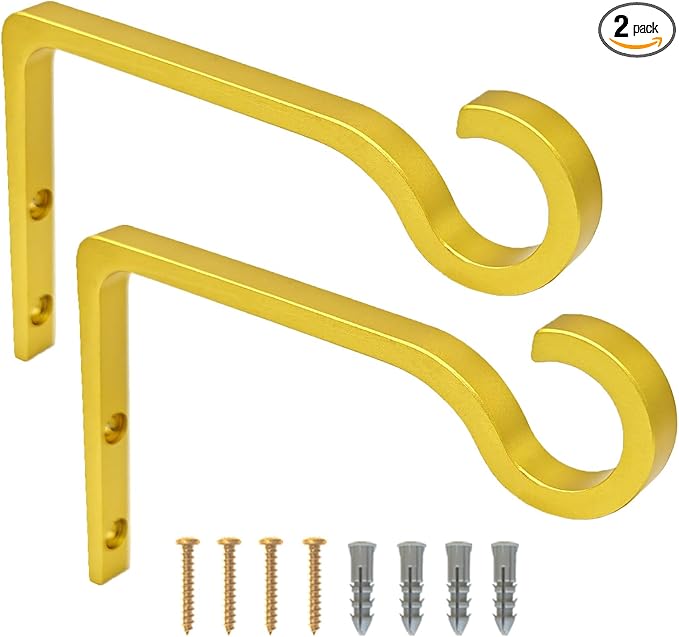 QIEGL Hanging Plant Bracket 6inch Al-Alloy Plant Hooks Gold-Anodized Shepherds Hook Decorative Wall Plant Hanger for Hanging Lanterns, Bird Feeder, Flower Basket, Home Decor Indoor & Outdoor 2 Pack