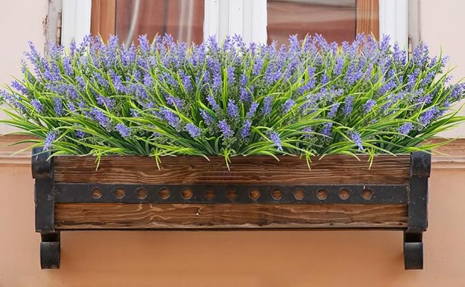obbsie 36 Bundles Artificial Plants Outdoor, 18.2" UV Resistant Faux Monkey Grass Greenery Stems No Fade Faux Plastic Flowers Shrubs for Home Weddings Garden Porch Front Patio Office Decor - Purple