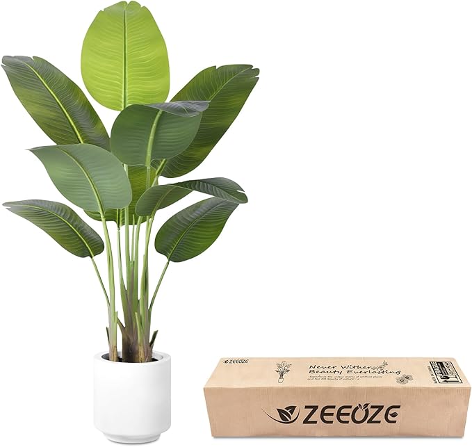 Artificial Bird of Paradise Plant 4Ft Tall Fake Tropical Palm Tree Large Fake Plants with 9 Silk Banana Leaves Faux Plant Indoor Decor Trees with White Pot for Home Bedroom Living Room Office