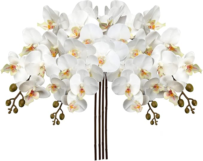 DILATATA 4 Pcs Artificial Orchid Stems with 9 Large Flowers Real Touch Phalaenopsis Orchids Flowers Fake Flower Branches 31.5" Tall for Home Arrangement -White Green Orchid