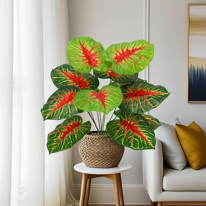 Artificial Caladium Plant with Red and Green Leaves, Red Leaf Artificial Plants Decoration Simulated Bonsai Potted Decor Home Room Party Wedding Office Floor(RedGreen(No Flowerpot), 60cm)
