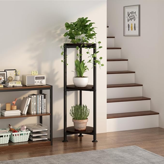 Plant Stand Indoor Outdoor 2 Tier Tall Metal Corner Storage Tiered Plant Shelf Holder Multiple for Living Room Balcony Garden,Black (3 Tier-Black Oak Round)
