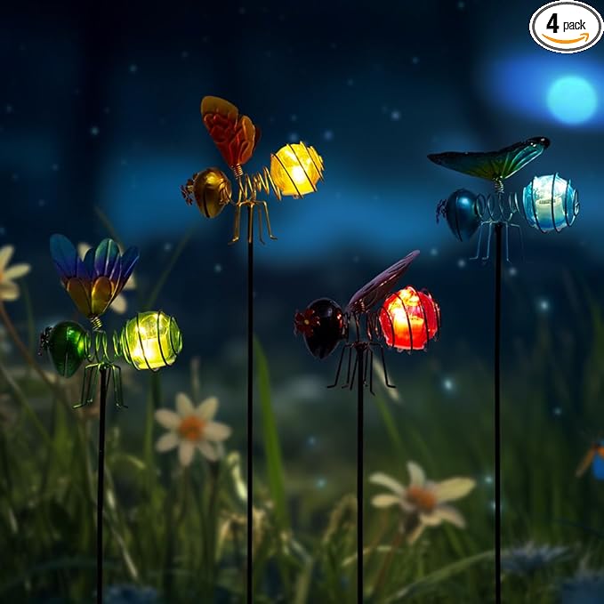 Insects Solar Garden Lights, 22.4" H Butterfly & Bee & Dragonfly & Ladybug Solar Stake Light, 4 Pcs Outdoor Statues Figurine Lights for Spring Garden Lawn Patio Yard Decoration