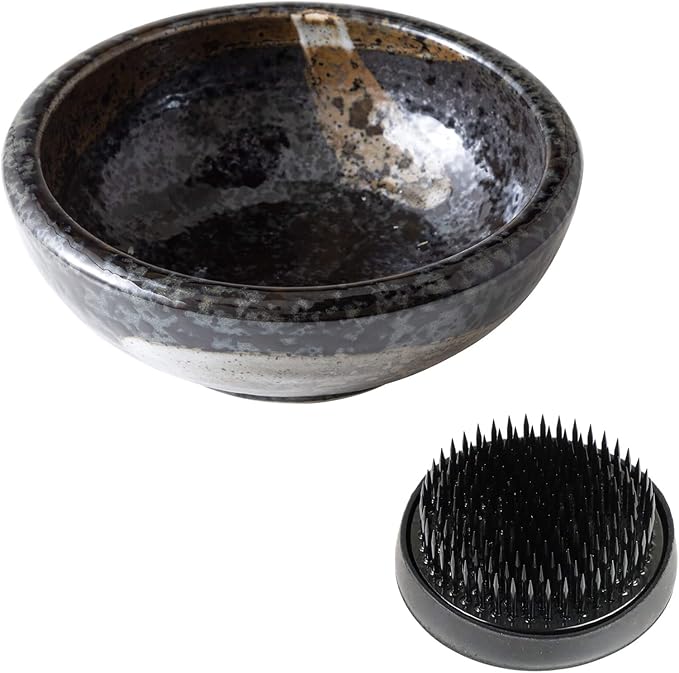 Wazakura Minoyaki Series Japanese Ikebana Essential Tool Kit with Small Round Ceramic Flower Vase and Kenzan Pin Frog for Floral Arranging - Black Vase + 2in (61mm) Black Kenzan