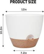 YNNICO 12 Inch Large Self Watering Plant Pot Set, Flower Pots with Multi-Mesh Drainage Holes and Saucer, Suitable for Indoor and Outdoor Garden Plants, White.