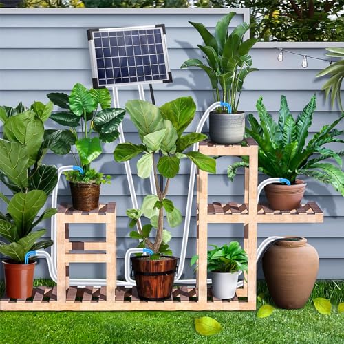 Solar Powered Drip Irrigation Kit with 7 Timer Modes for 30 Pots, IP65 Self Watering Solar Auto Irrigation System Greenhouse Watering Systems for Indoor Outdoor