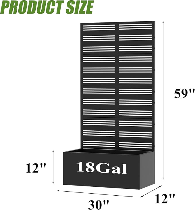 Casaphoria Metal Raised Garden Bed with Trellis, 59"x30"x12" Planter Box for Climbing Plants, Vegetables & Vines, Features Drainage Holes and Privacy Screen, Black-Harold