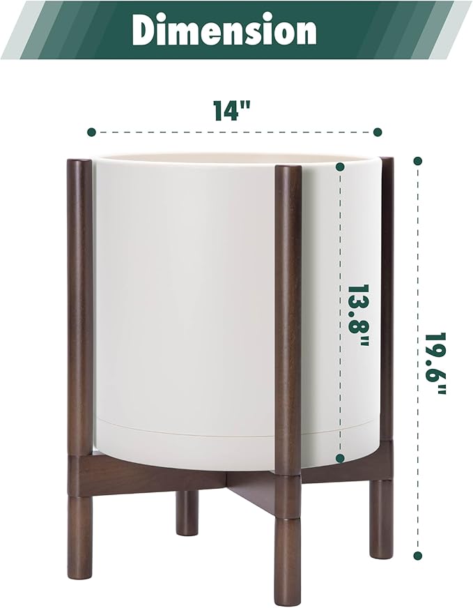 D'vine Dev Planter Pot with Stand - 14 Inch Plastic Cylinder Flower Pot with Wood Planter Holder for Indoor, Oatmeal Pot + Walnut Color Stand, 55-C-R-3