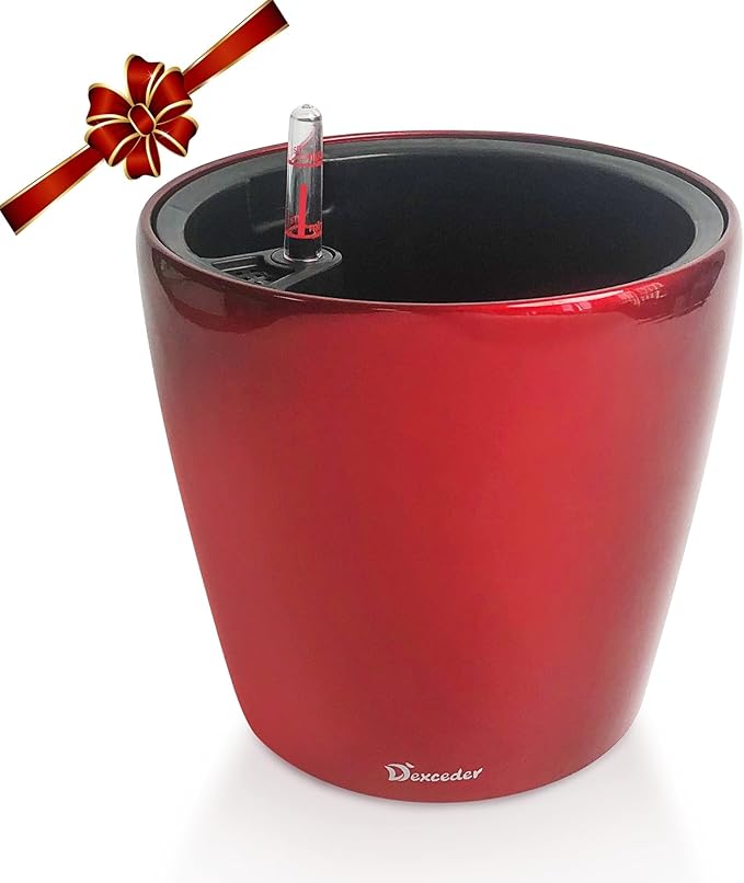 Dexceder 9x8 Self Watering Planter (Red High Gloss) | Inner Pot Design, Thickened Table Flower Plant Pot with Water Level Indicator Indoor Outdoor