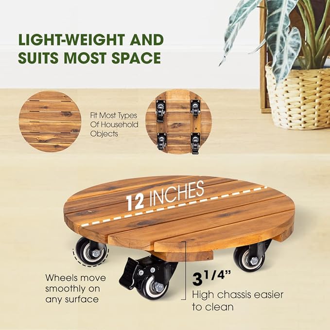 Idzo 2pack 12inches Wood Plant Caddy with Wheels Heavy Duty, 264 Lbs Capacity, Acacia Hardwood Plant Dolly, Plant Stand with 360° Lockable Wheels for Plant Pots, Heavy Objects Hauling - Natural Wood