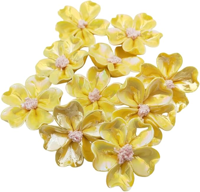 10 PCS 3D Flower Ceramic Tiles,1.6" Handmade Procelain Ceramic Flowers for Artwork,Fish Tank,Vases,Living Room, Dining Table,Office, Home Floral Decor (Single-Flowered Iridescent Yellow)