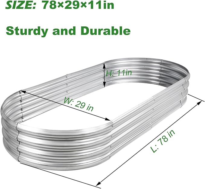 Rakukiri Raised Garden Bed GRS Certified Galvanized Planter Box Outdoor, 6.5ft Oval Rot-Resistant Metal Garden Bed Planter, Recycled Material Planter for Vegetables Flowers Herbs (Silver)