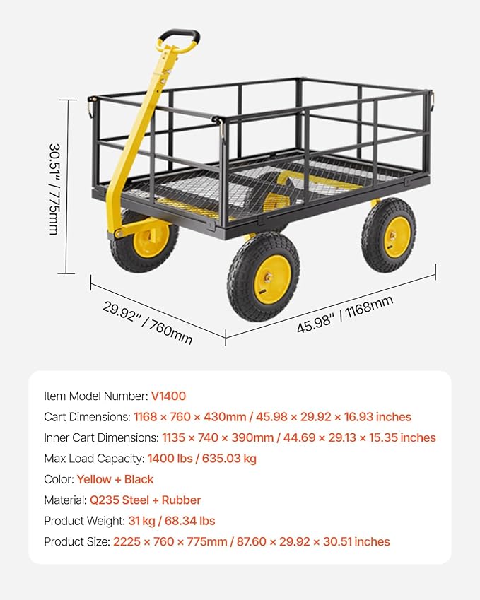 VEVOR 1400 Lbs Steel Garden Cart, Heavy Duty Pullable Garden Wagon Yard Cart, 2 in 1 Outdoor Metal Utility Wagon Yard Trailer with 13" All Terrain Tires, Mesh Removable Sides and 180°Rotating Handle