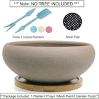 MUZHI Round Unglazed Ceramic Bonsai Pot with Bamboo Tray, Large Rough Pottery Succulent Planter with Drainage Hole 8 inch … (8”)