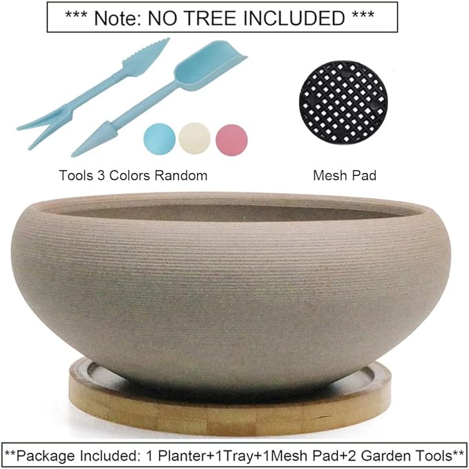 MUZHI Round Unglazed Ceramic Bonsai Pot with Bamboo Tray, Large Rough Pottery Succulent Planter with Drainage Hole 8 inch … (8”)