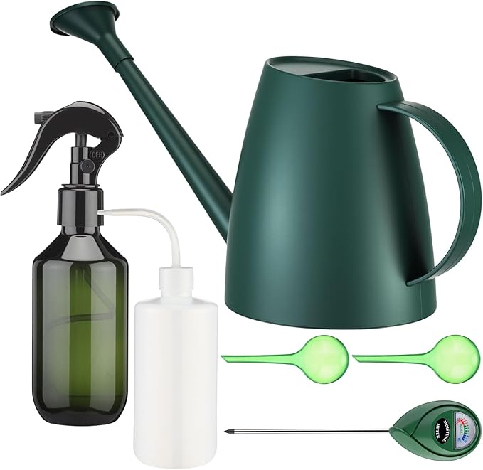 Reallnaive 6 Pcs Indoor Watering Can Set 1/2 Gallon Can 6.8 oz Spray Bottle 17 oz Squeeze Bottle Plant Watering Globes Soil Moisture Meter Small Spraying Set for Indoor Outdoor Plants (Dark Green)