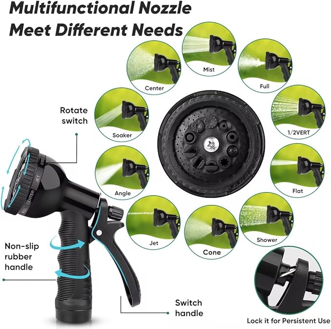 Garden Hose 100ft, Heavy Duty Stainless Steel Water Hose with 10 Functional Nozzles, No Kink, Lightweight and Flexible, Easy to Use and Store, Strong and Sturdy, Suitable for Yard and Lawn