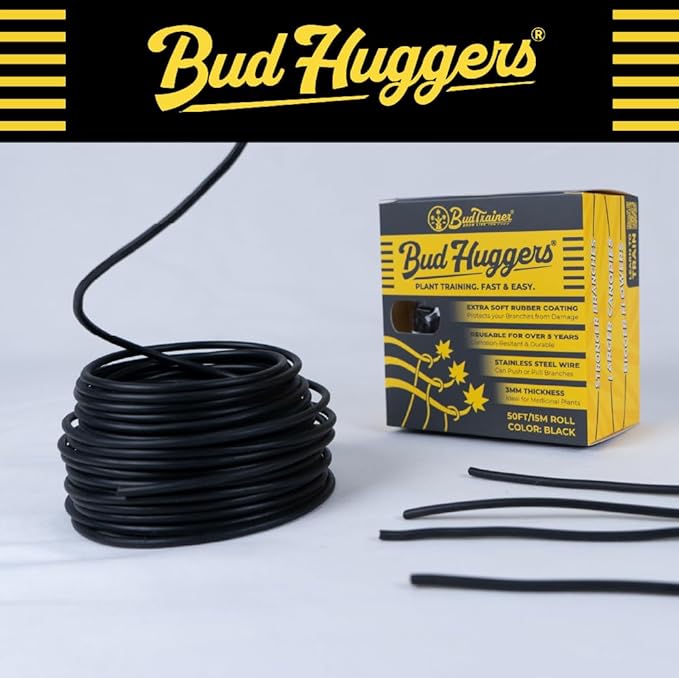 BudHuggers (Black) for Optimal Plant Training | 50ft (15M) | 3mm Thick Garden Wire Ties | Flexible & Durable | Rubber Plant Ties to Yield Bigger Buds, Stronger Branches & Larger Canopies