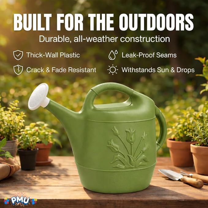 PMU 2 Gallon Watering Can - Garden Watering Can for Indoor & Outdoor Plants - Plastic Water Can with Detachable Sprinkler Head - Large Water Pot, Made in USA - Sage Green Pkg/12