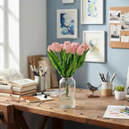Mandy's Light Pink Artificial Tulips Flowers Centerpiece, 17.7" Lifelike PU Fake Floral Stems 6pcs for Kitchen Island & Dining Table, Spring Decor for Easter