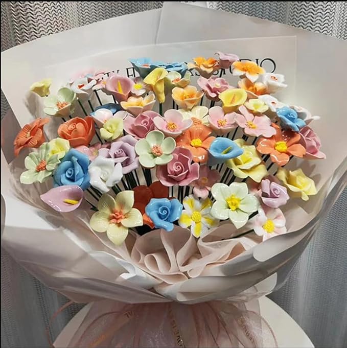 10 PCS 3D Flower Ceramic Tiles,1.6" Handmade Procelain Ceramic Flowers for Artwork,Fish Tank,Vases,Living Room, Dining Table,Office, Home Floral Decor (Single-Flowered Blue)