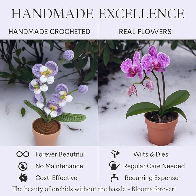 Handmade Crochet Orchid Potted Plants, Knitted Artificial Forever Flowers with Exquisite Pot, for Friends, Women, and Kids, Ideal for Home Decorations and Office Desks
