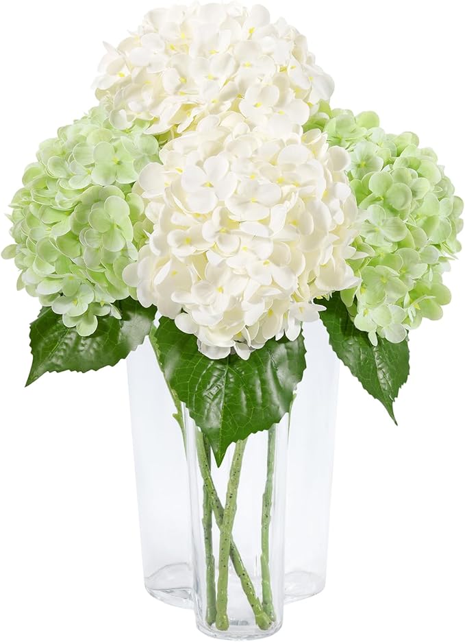 DuHouse 4Pcs Large Hydrangea Artificial Flowers,20 inch Latex Real Touch Hydrangeas for Home Wedding Bouquets Centerpieces Party Living Room Decoration(2Pcs Light Green+2Pcs White)