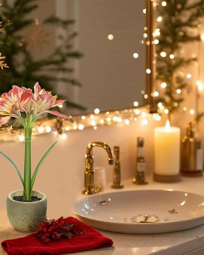 Coferset Lifelike Fake Flower Plant Potted 15" Artificial Amaryllis for Home Bathroom Office Living Room Shelf Tabletop Decor-Realistic Faux Flower Plant with Pot